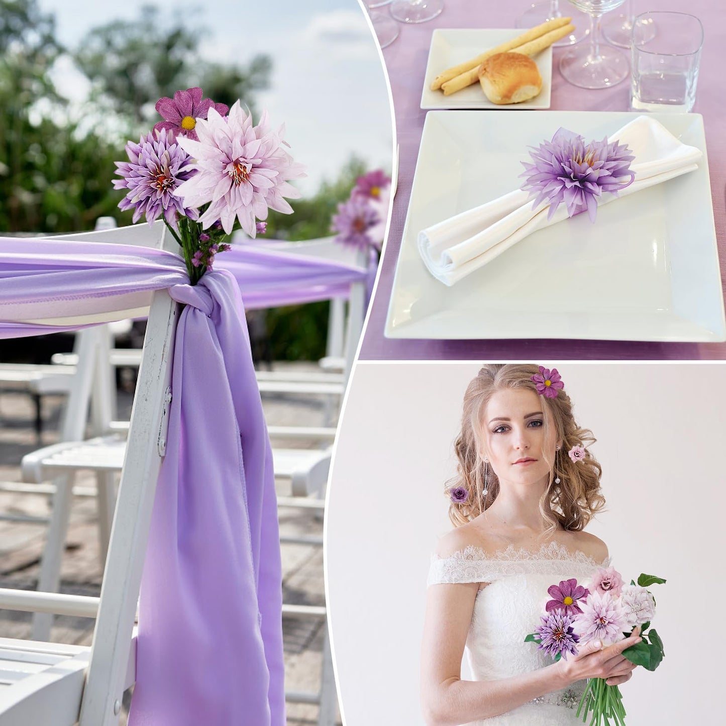 LACGO 48 PCS Artificial Flowers Heads, Fake Daisy Heads Bulk Silk Faux Rose DIY Cake Decor Blossom Garland Wreath Bouquets Crafts for Halloween Wedding Bridal Baby Shower Home Party Decoration(Purple)