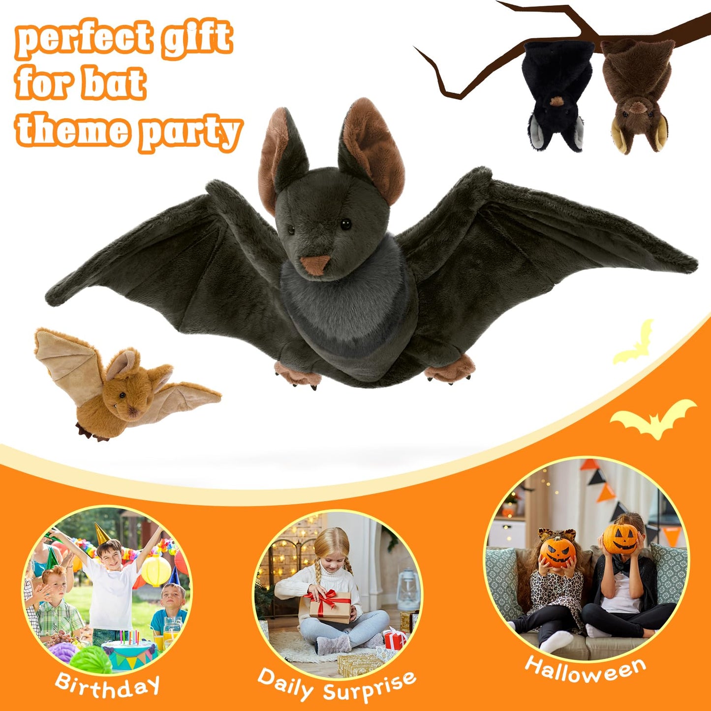 Tezituor 4Pcs Realistic Bat Stuffed Animals Set, 32inch Large Mommy Stuffed Bat with 3 Cute Babies for Boys Girls, Hugging Soft Bats Plush Toy Gift for Halloween Christmas Party