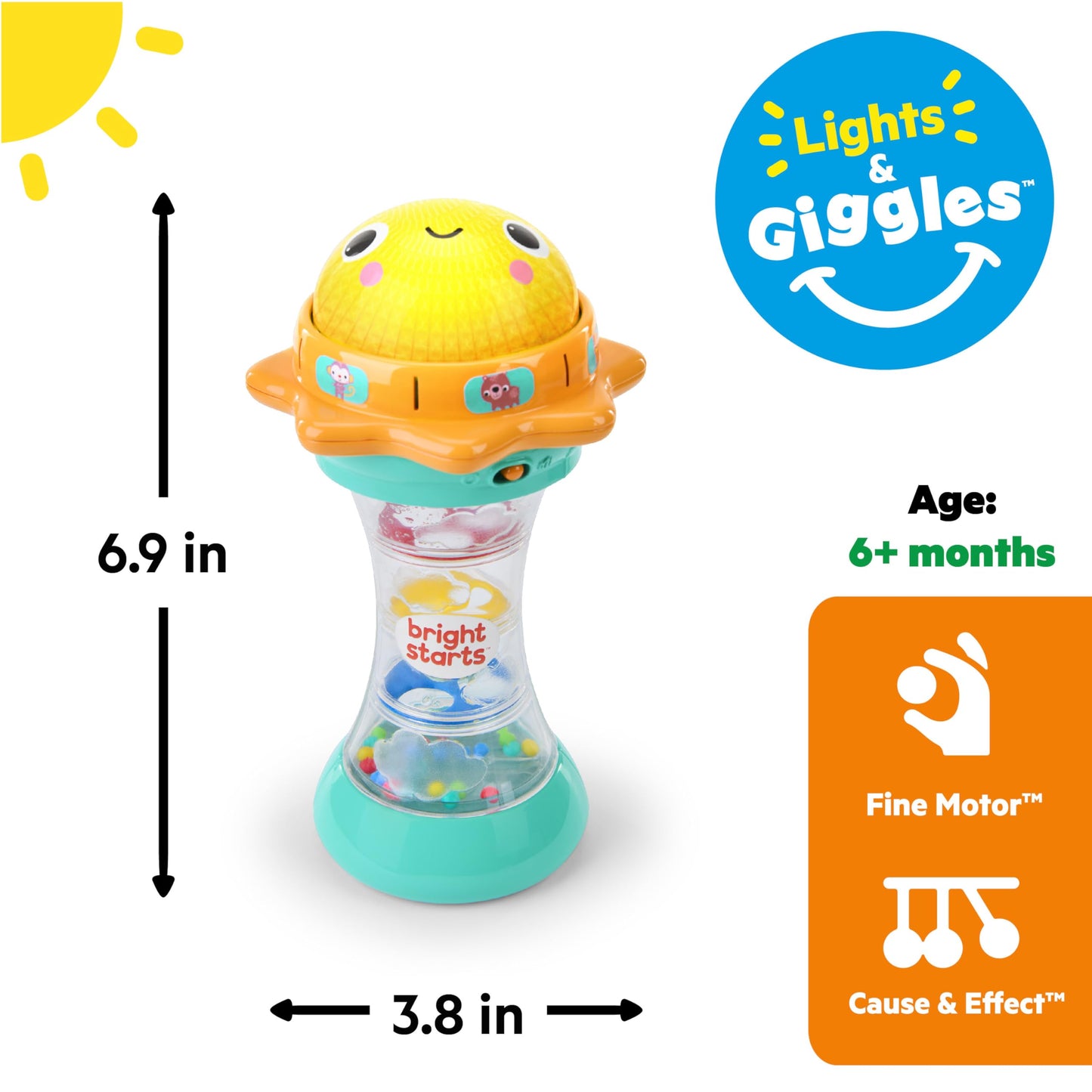 Bright Starts Just for Sun Flashlight Toy with Animal Sounds, Rainstick Rattle Beads and Mirror, Unisex Toy for Ages 6 Months+