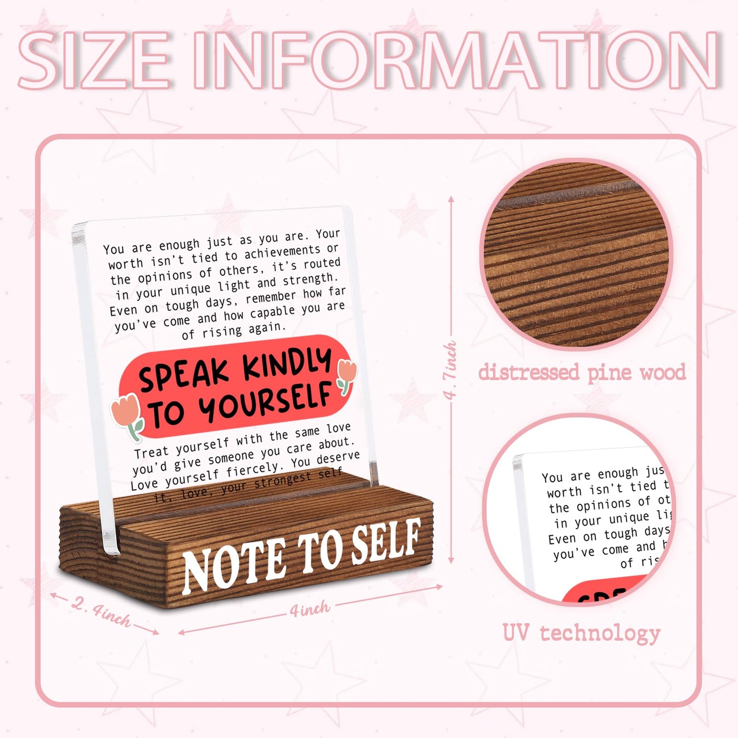Inspirational Desk Decor with Positive Reminder, Speak Kindly to Yourself Acrylic Sign with Rustic Wood Base, Encouragement Gift for Home Office Coworker Friend SNOTE9