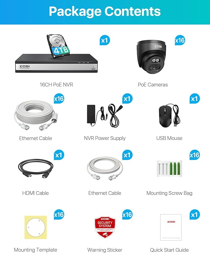 ZOSI C220 16CH 4K 8MP PoE Home Security Camera System, 16 Channel 4K NVR with 4TB HDD for 24/7 Record, 16 x 4MP(1440p) 2.5K QHD Dome IP Cameras Outdoor Indoor, Smart AI Human Detection, Two-Way Audio