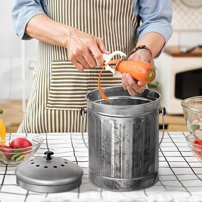 Plexon Countertop Compost Bin Kitchen Indoor, with Lid, Silver 1.5 Gallon Odorless Kitchen Compost Container, Steel Food Bucket Pail with Charcoal Filter, Silver