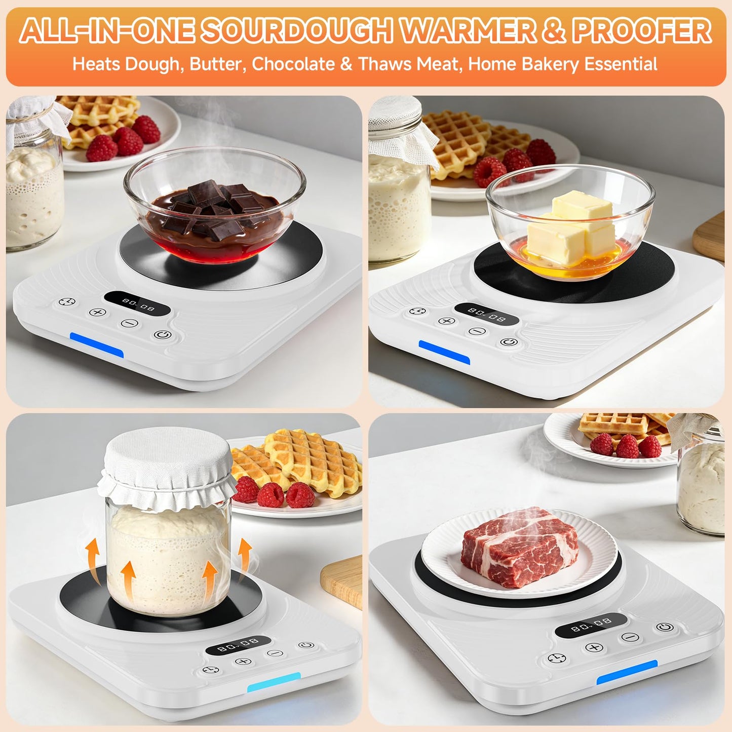 Sourdough Starter Warmer Mat with 1°F Precision (65–110°F), 24H Timer & Memory, Heating Pad for Bread Proofing & Fermentation, Fits 24–40oz Jars for Home Baking(White)