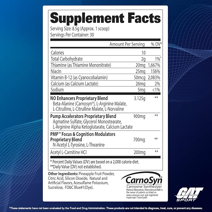 GAT SPORT PMP (Peak Muscle Performance), Pre-Workout, 30 Servings (Blue Raspberry (Stim-Free))