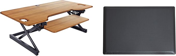 Rocelco 46" Large Height Adjustable Standing Desk Converter with Anti Fatigue Mat BUNDLE - Quick Sit Stand Up Triple Monitor Riser - Retractable Keyboard Tray - Teak Wood Grain (R DADRT-46-MAFM)