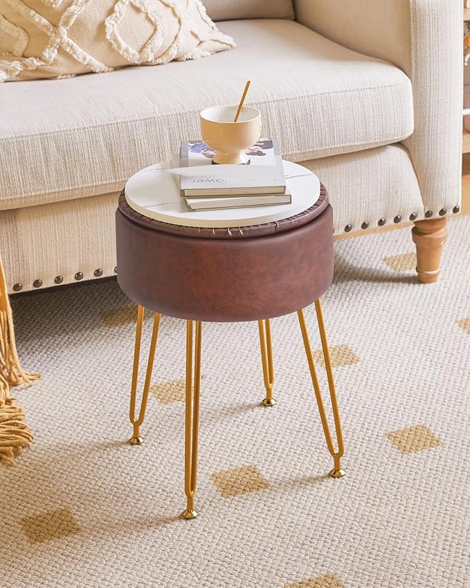 IBUYKE Faux Leather Round Footrest Stool with Storage Ottoman, Makeup Vanity Chair Side Table, PU Dressing Table Seat, Removable Cover, Golden Steel Legs, Dark Brown WBD024Z