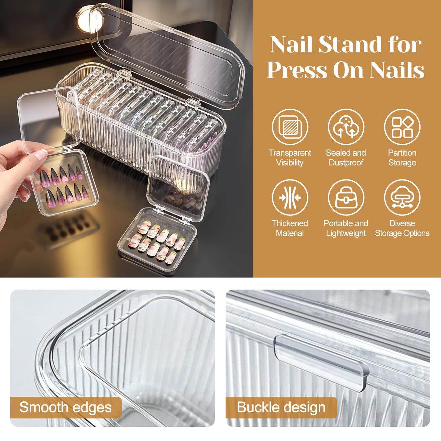 Press On Nail Organizer 14 PCS Clear Press On Nail Storage Boxes and 1 Big Storage box with 60 Pcs Adhesive Double Sided Tape,Press On Nail Packaging for Fake Nail Storage Nail Display Nail Salon.