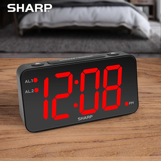 Sharp Digital Alarm Clock, 3" Jumbo Red LED, Dual Alarm, Battery Backup