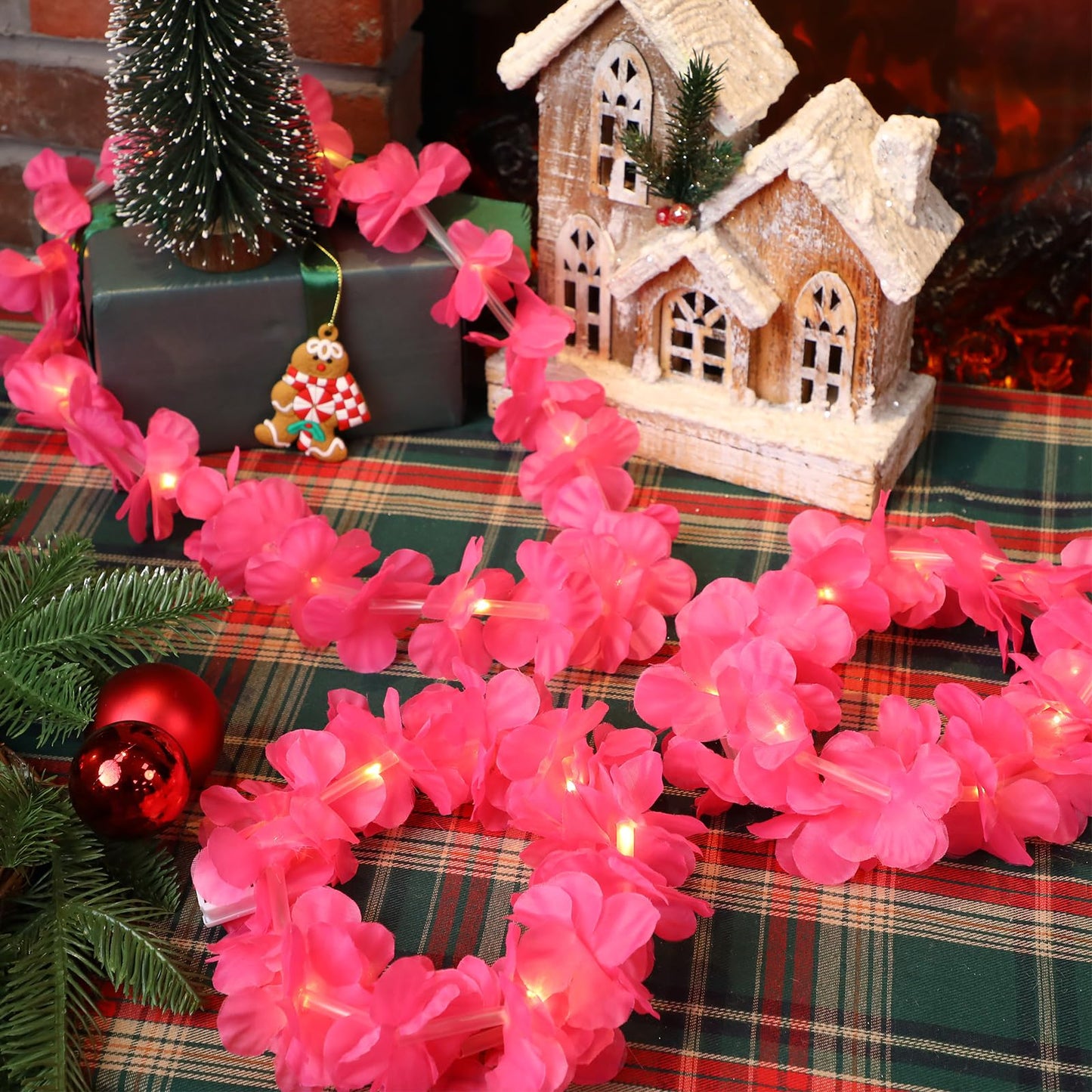 Sherr 24 Pcs LED Hot Pink Leis Light up Wedding Hawaiian Leis Flower Necklace with LED Lights Beach Tropical Carnival Party Wedding Supplies Luau for Masquerade