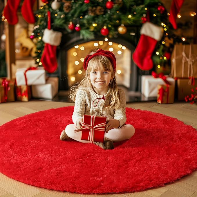 Amdrebio Red Round Rug 5Ft for Boys Bedroom, Fluffy Fuzzy Circle Area Rugs for Kids Room Decor Aesthetic, Plush Shaggy Furry Carpet for Living Room Nursery Dorm Classroom, Shag Baby Teen Christmas Rug