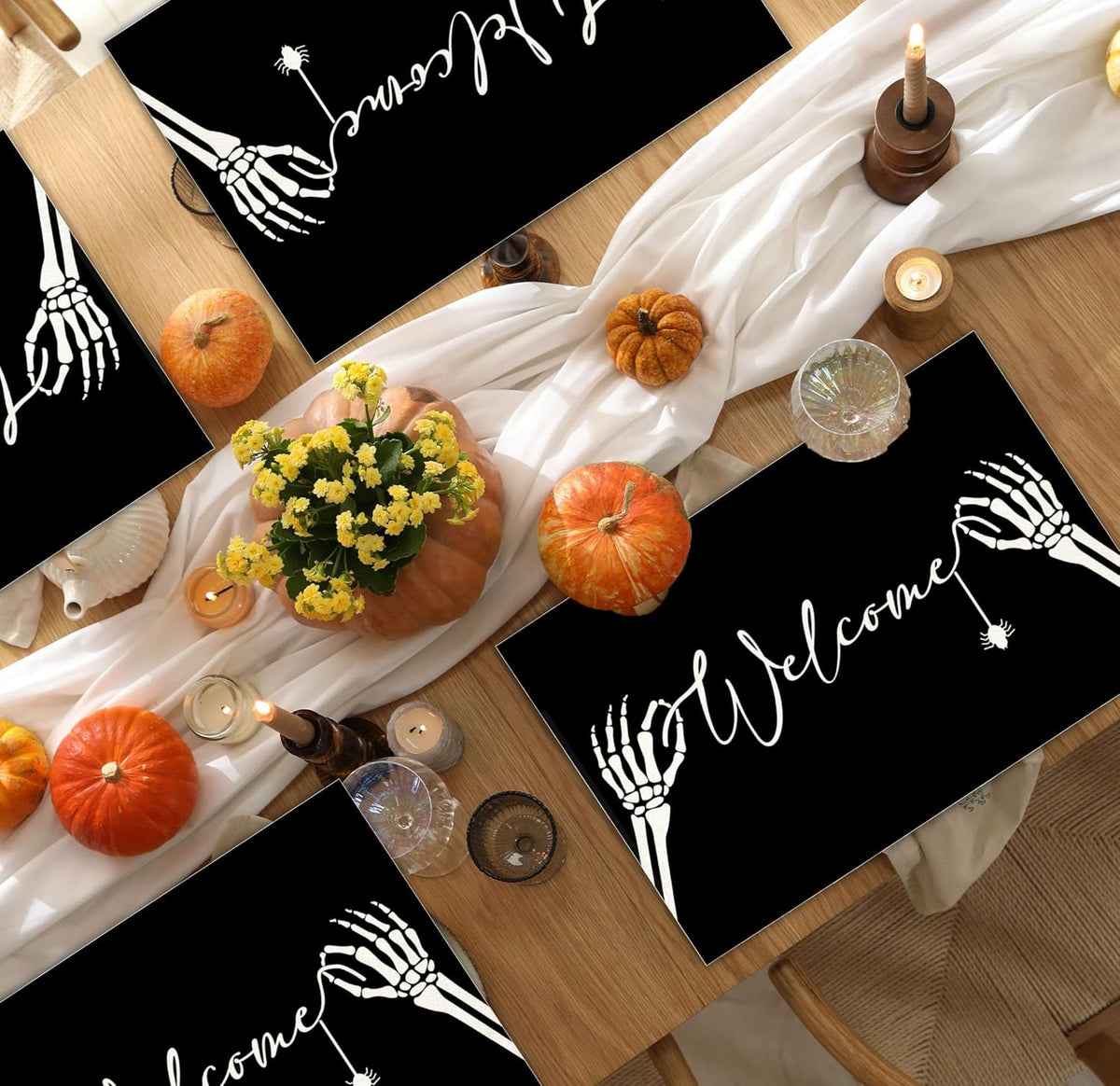 Halloween Skeleton Placemats Set of 4, 12x18 Inch Welcome Decorative Table Mats, Washable Heat Resistant Place Mats for Kitchen Dining Table, Spooky Themed Decoration for Home-B12