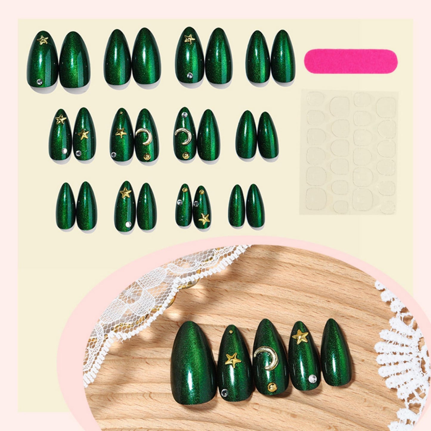 Long Press on Nails Almond Fake Nails Green Artificial Nail Cat eyeand Gold Moon Designs Cute Stick on Nail for Women 24pcs