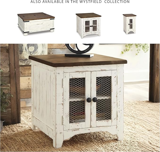 Signature Design by Ashley Wystfield Farmhouse End Table with Storage, Distressed White & Brown Finish