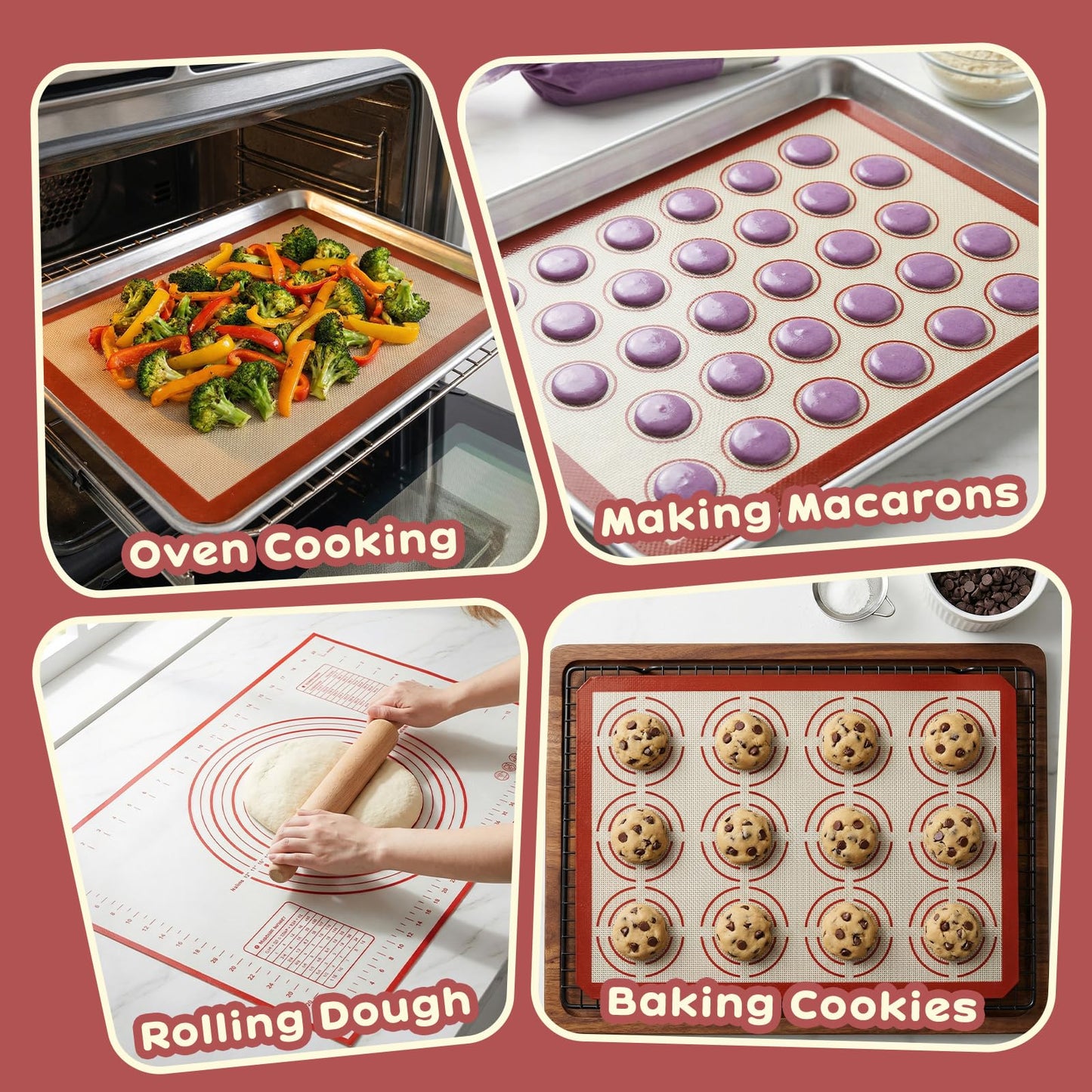 HEIFAM Non-stick Silicone Baking Mat Set of 7, Large Baking Silicone Mat Oven Liner Sheet Reusable, Round Square Cake Mats Tools Accessories, Baking Mats with Measurements for Macaron Dough Pastry red