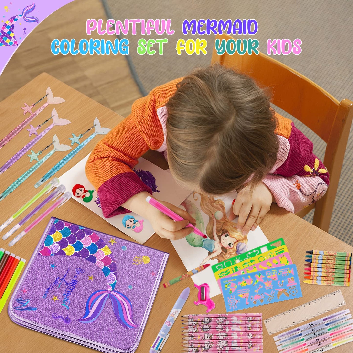 MAIGOZON Mermaid Art Craft Kit for Kids, 56 Piece Set with Pencil Case, Markers, Crayons, Gel Pens, Erasers, Stencils, Ruler