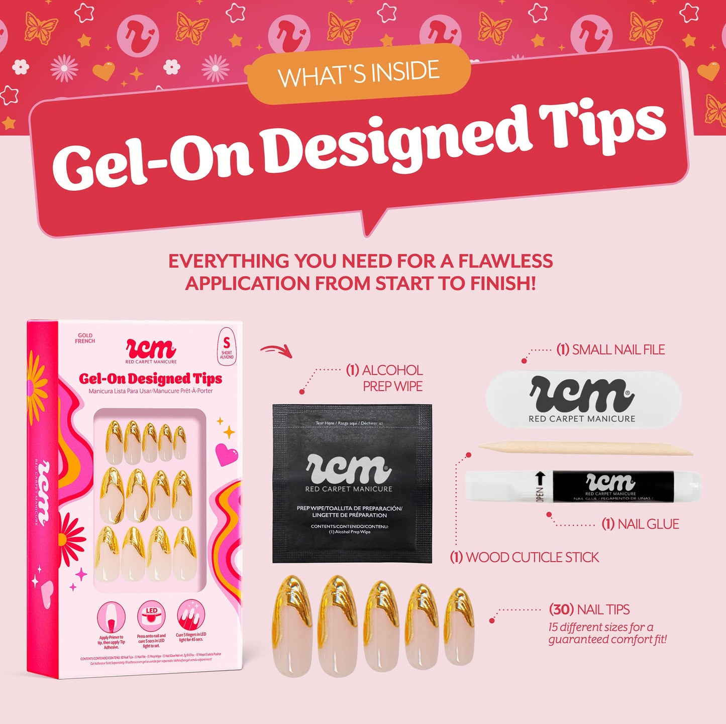 RC Red Carpet Manicure Gel-On Designed Tips - Full Coverage, Flexible, Break-Resistant, 21-Day Wear, UV/LED Cured Gel Adhesion for Natural Look (Gold French Medium Almond)