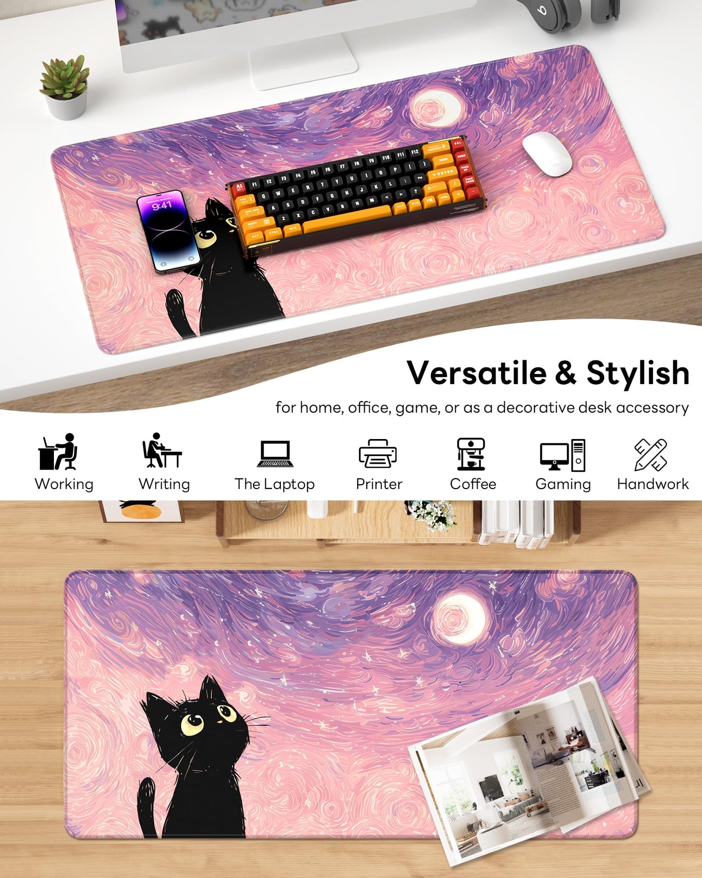 Velluxion XL Gaming Mouse Pad, 31.5x15.7'' Large Desk Mat with Anti-Slip Rubber Base & Stitched Edges for Gaming, Office, Home, Van Gogh Cat