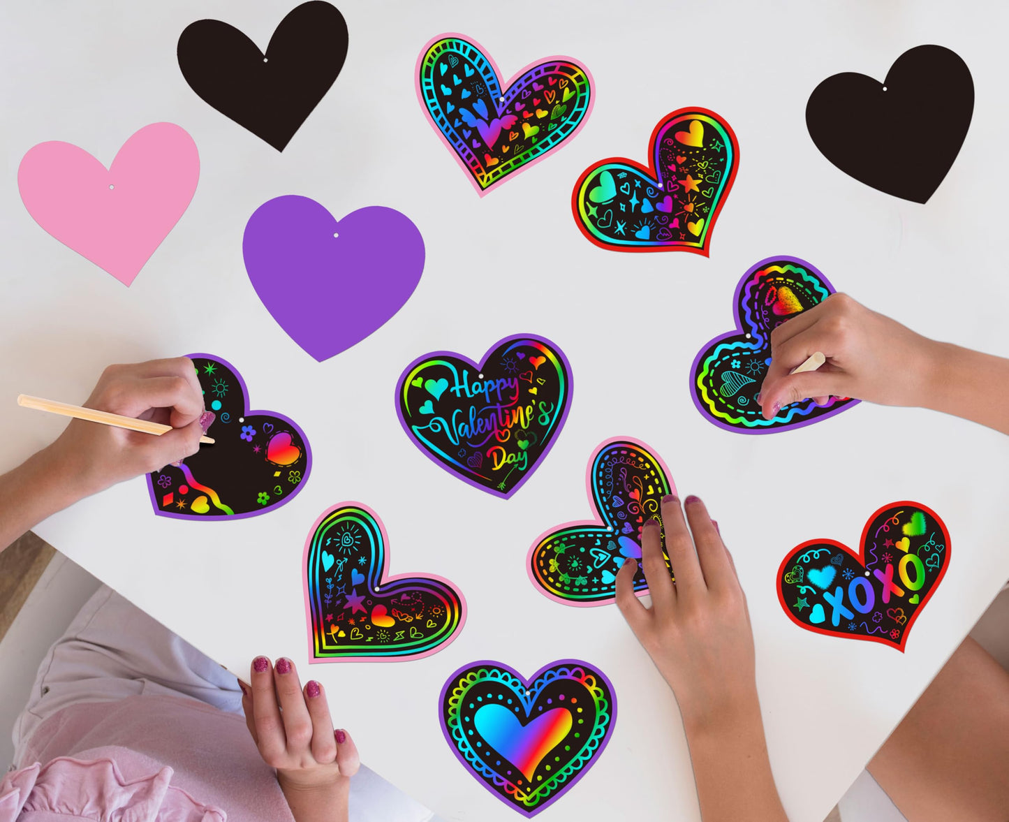 90shine 60 Sets Valentines Day Crafts for Kids Black Scratch Heart Magic Craft Art Kit Classroom Preschool Activities Party Favors
