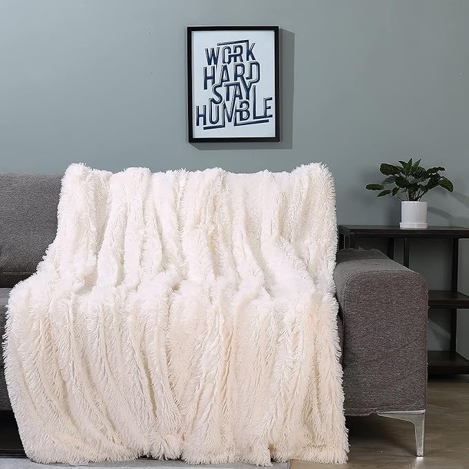 Tuddrom Decorative Extra Soft Faux Fur Blanket Queen Size 80"x90",Solid Reversible Fuzzy Fluffy Plush Fur Blanket for Couch Sofa Bed,Cream White