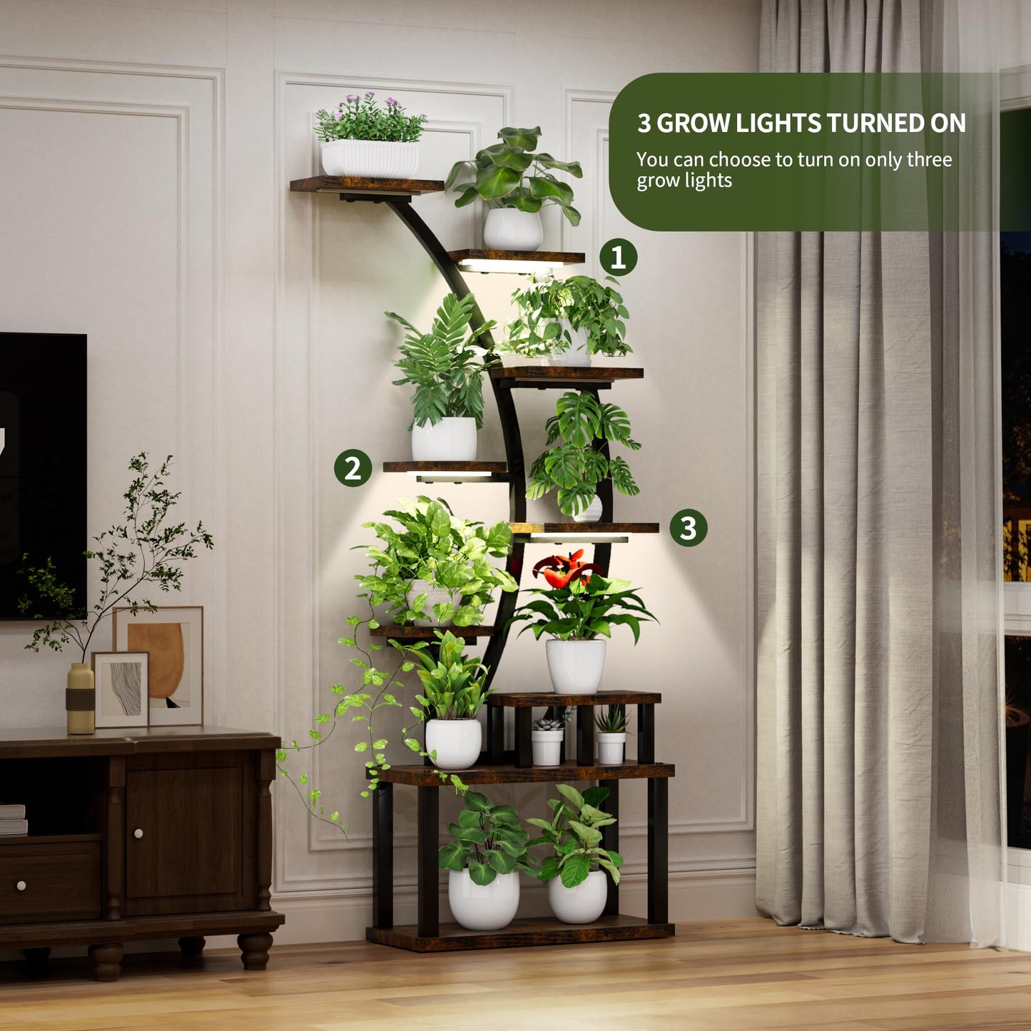 9-Tier Indoor Plant Stand , 63.6" Tall Plant Stand with 5 Grow Lights for Lush Greenery, Adjustable Lighting Modes, 10-Level Dimming & 3 Timer Settings, Energy-Efficient, Perfect for Plant Growth (9-Tiered 63.6" Tall)