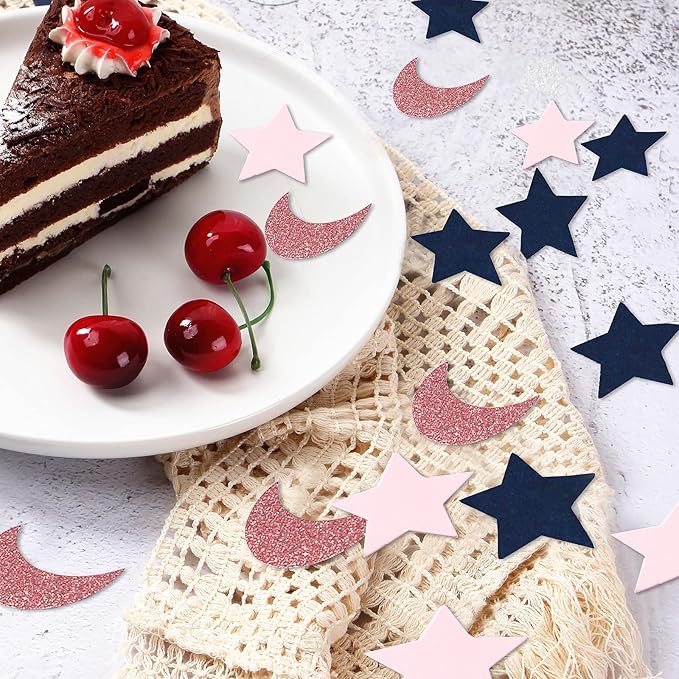 Navy-Blue Pink Rose-Gold Moon-Star Confetti - 300pcs Glitter Twinkle Little Star Table Confetti Eid Ramadan Mubarak Decoration Gender Reveal Birthday Wedding Baby Shower Party Decor Lasting Surprise