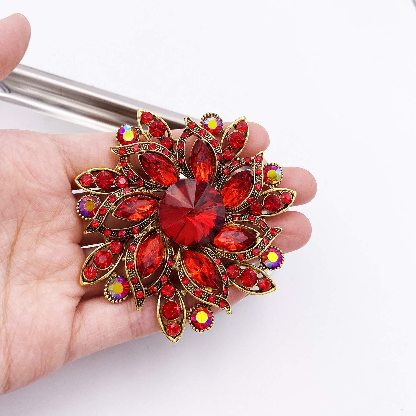 LAXPICOL Vintage Women's Red Austrian Crystal Elegant Flower Brooch Wedding Broach Pin