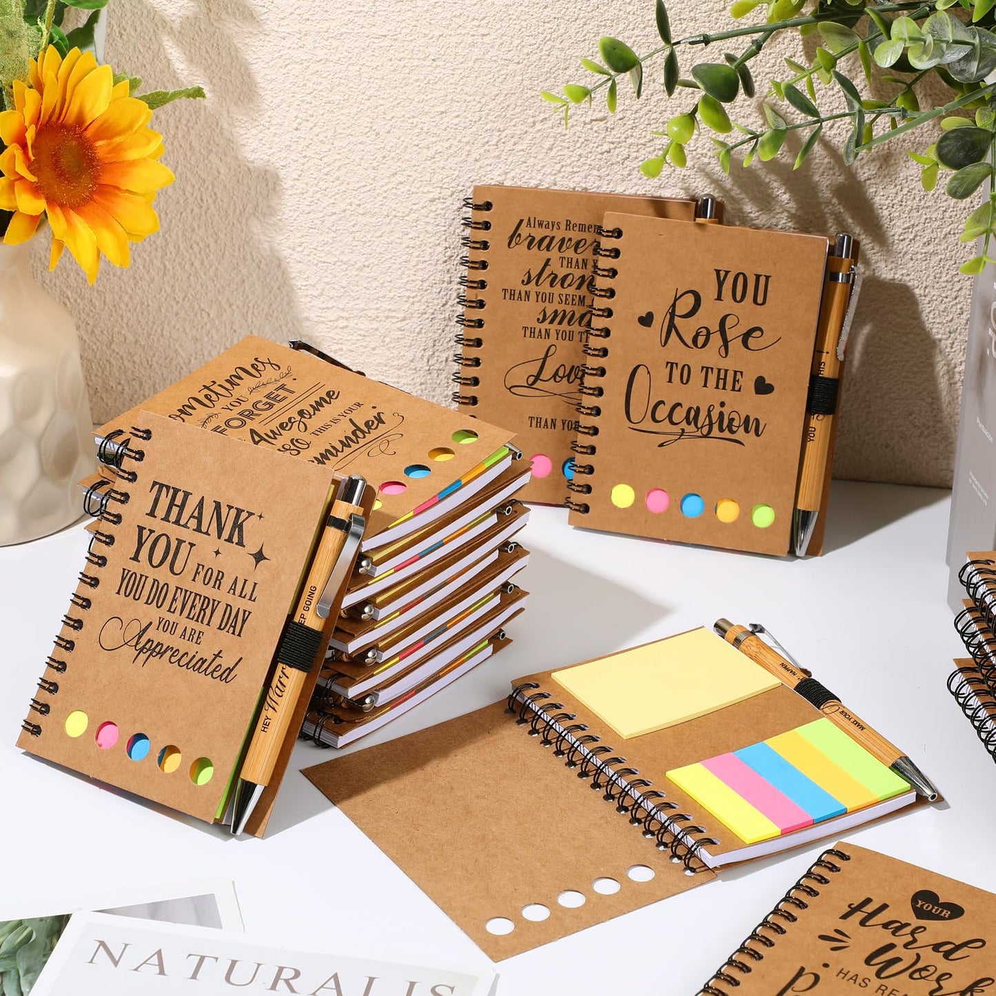 Skyygemm 20 Sets Employee Appreciation Gifts Spiral Notebook Journal with Sticky Notepad Index Tabs Thank You Gifts Notepad with Bamboo Pen Bulk for Teacher Cna Nurse Coworker(Motivational)
