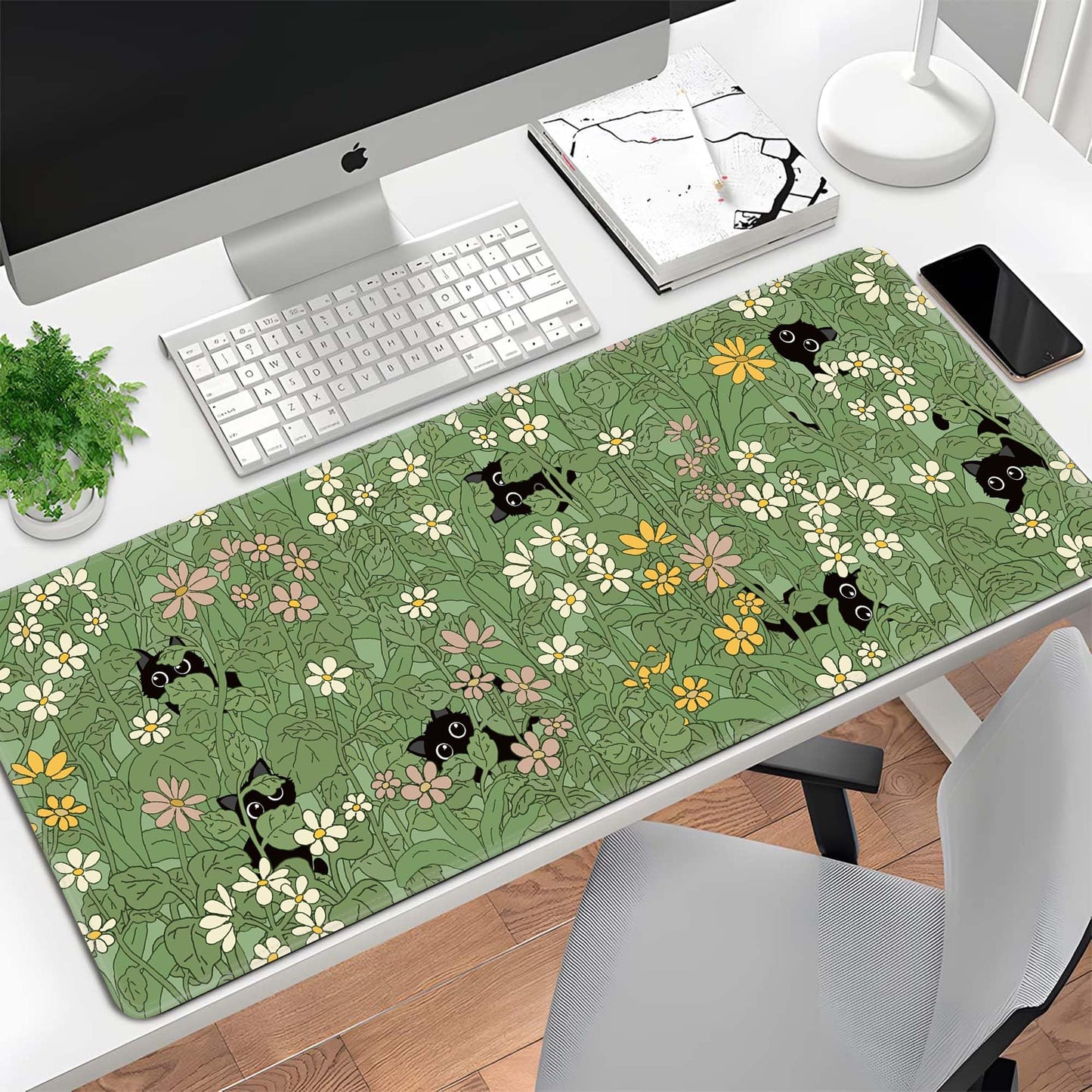 Cute Cat Mouse Pad Large Green Desk Mat Extended Keyboard Mouse Pad Kawaii Mousepad with Non-Slip Base and Stitched Edge Plant Mouse Mat Desk Pad 31.5 x 11.8 in Mouse Pads for Decor Home Office Gaming