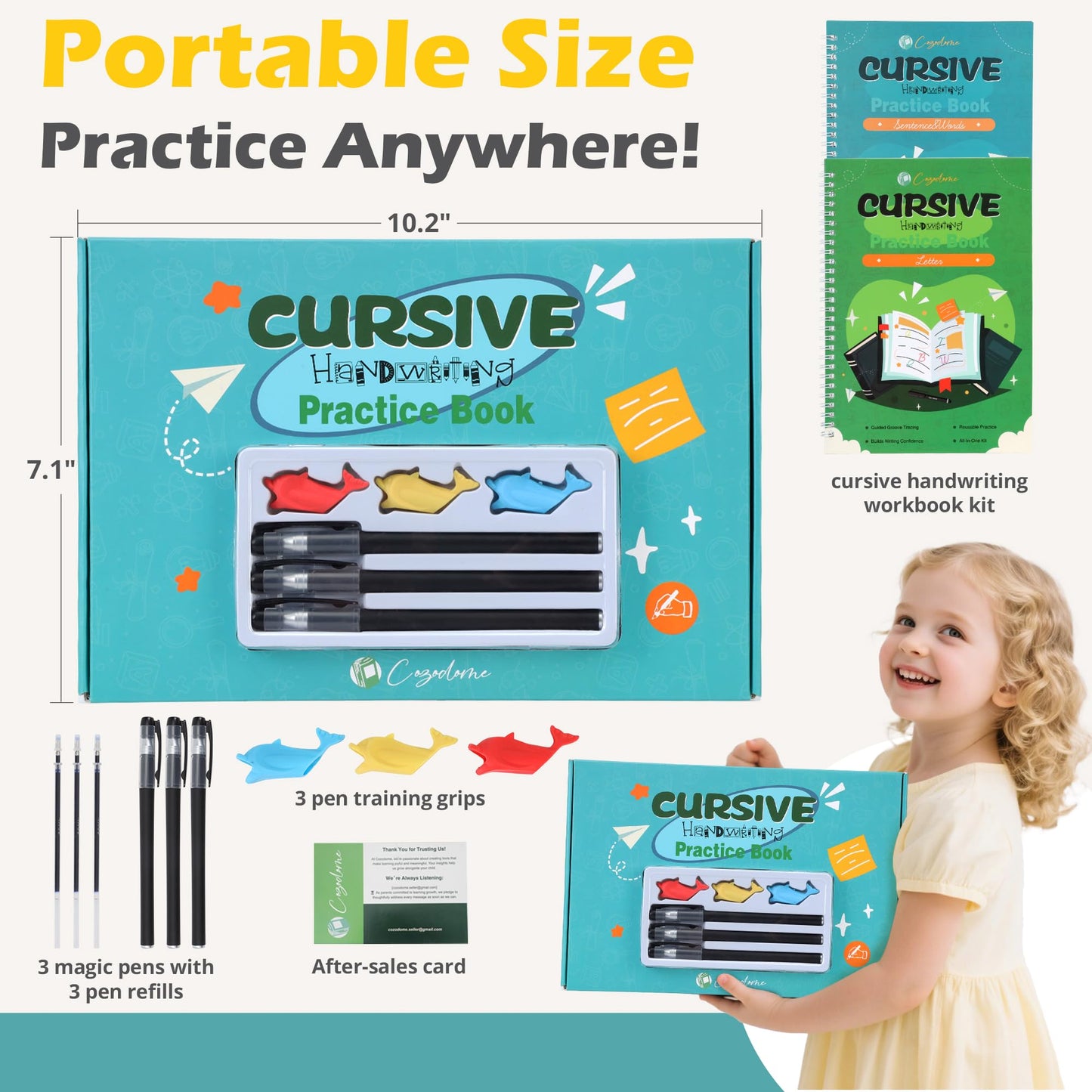 Cozodome Grooved Cursive Handwriting Workbook for Kids-Reusable Magic Practice Book with Disappearing Ink, Cursive calligraphy Kit, Cursive Copybook for Kids Ages 5-12, Handwriting Without Tears Teens