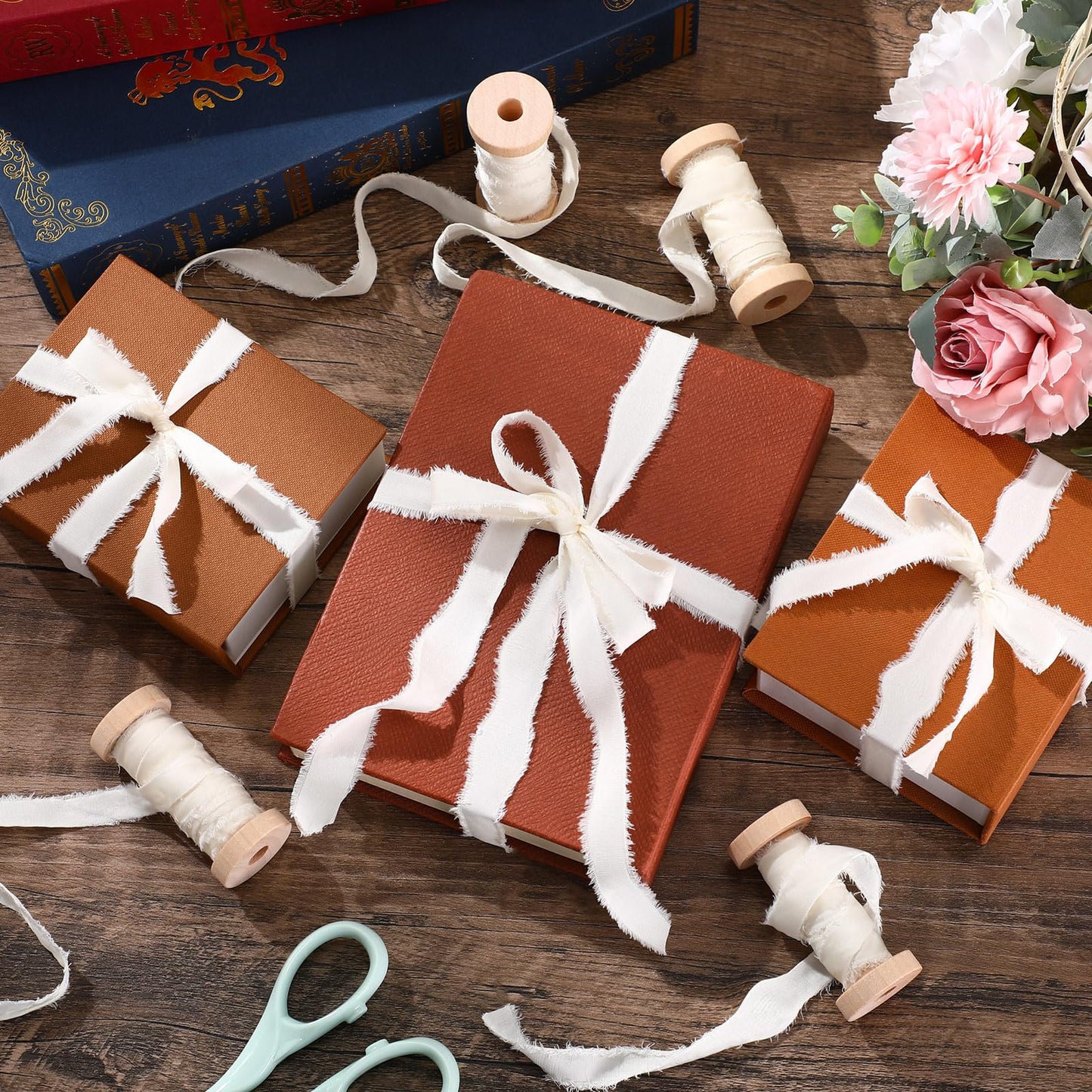 Mindsoft Frayed Chiffon Ribbon for Craft Silk Satin Ribbons 1/2-1/4 Inch x 20 Yard Handmade Fabric Strips with Wooden Spool for Valentines Day Wedding Gift Wrapping(Ivory)