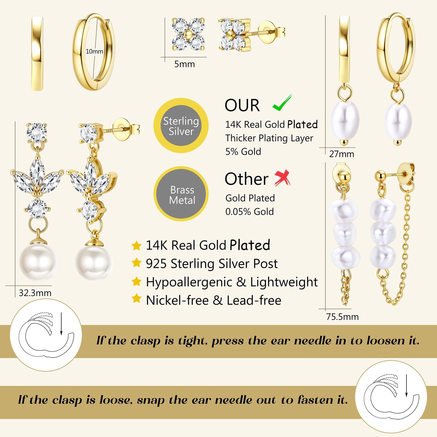 MILACOLATO 5Pairs 925 Sterling Silver Earrings for Women 14K Gold Plated Stud Huggie Hoop Earrings Sets for Multiple Piercing Hypoallergenic Pearl Cartilage Earrings Stacks Trendy Gifts