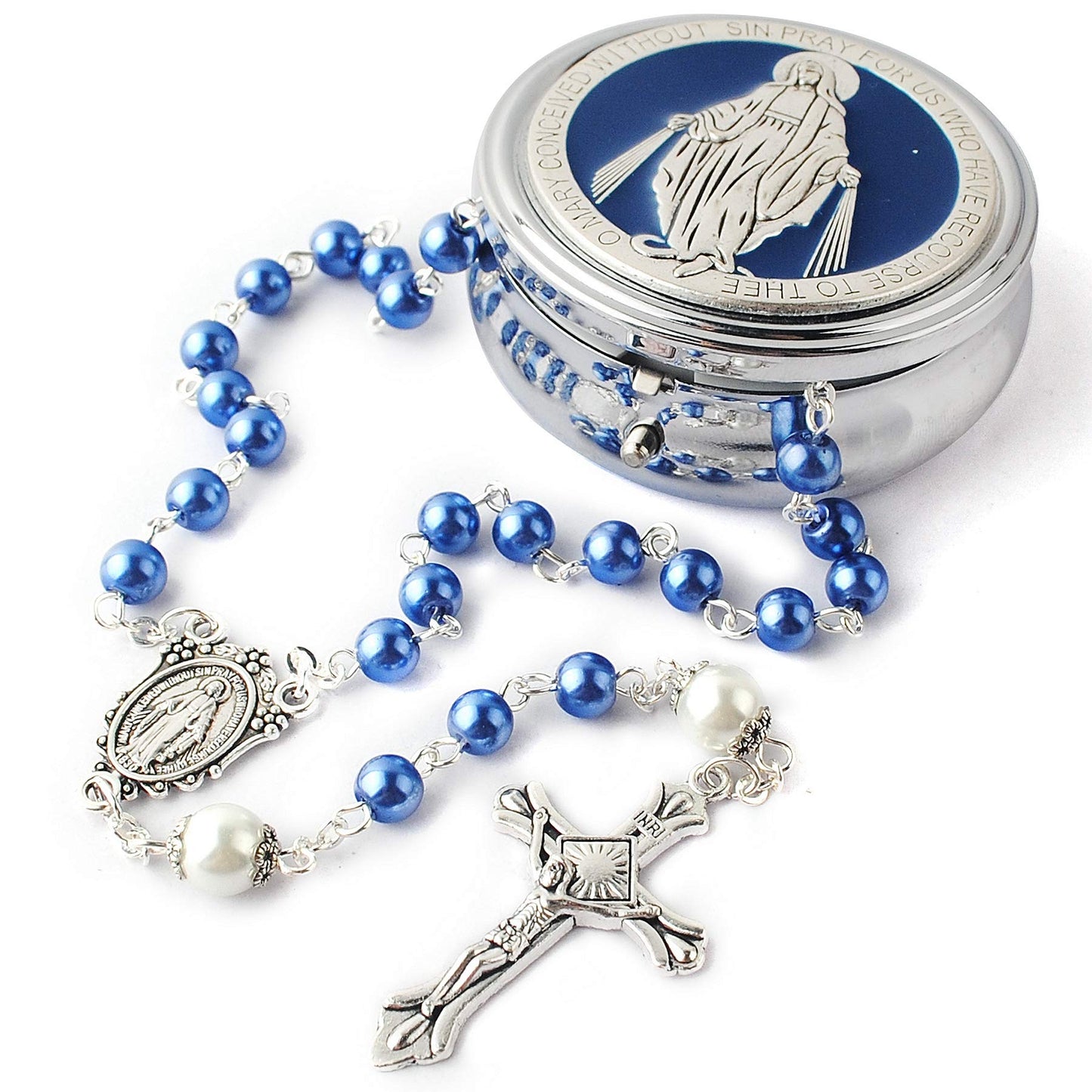 HanlinCC 6mm Glass Pearl Beads with 8mm Our Father Beads with Caps Rosary Necklace Pack in Miraculous Metal Gift Box (Blue Rosary with Miraculous Gift Box)