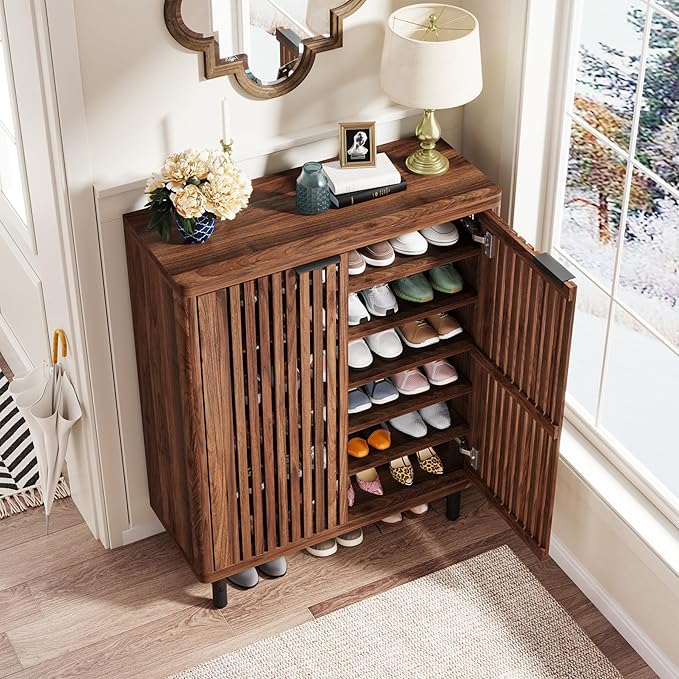 Tribesigns 6-Tier Shoe Cabinet with Shutter Doors, Large Wooden Shoe Organizer Rack with Adjustable Shelves, Modern Farmhouse Hidden Storage Furniture for Entryway, Hallway (Walnut)