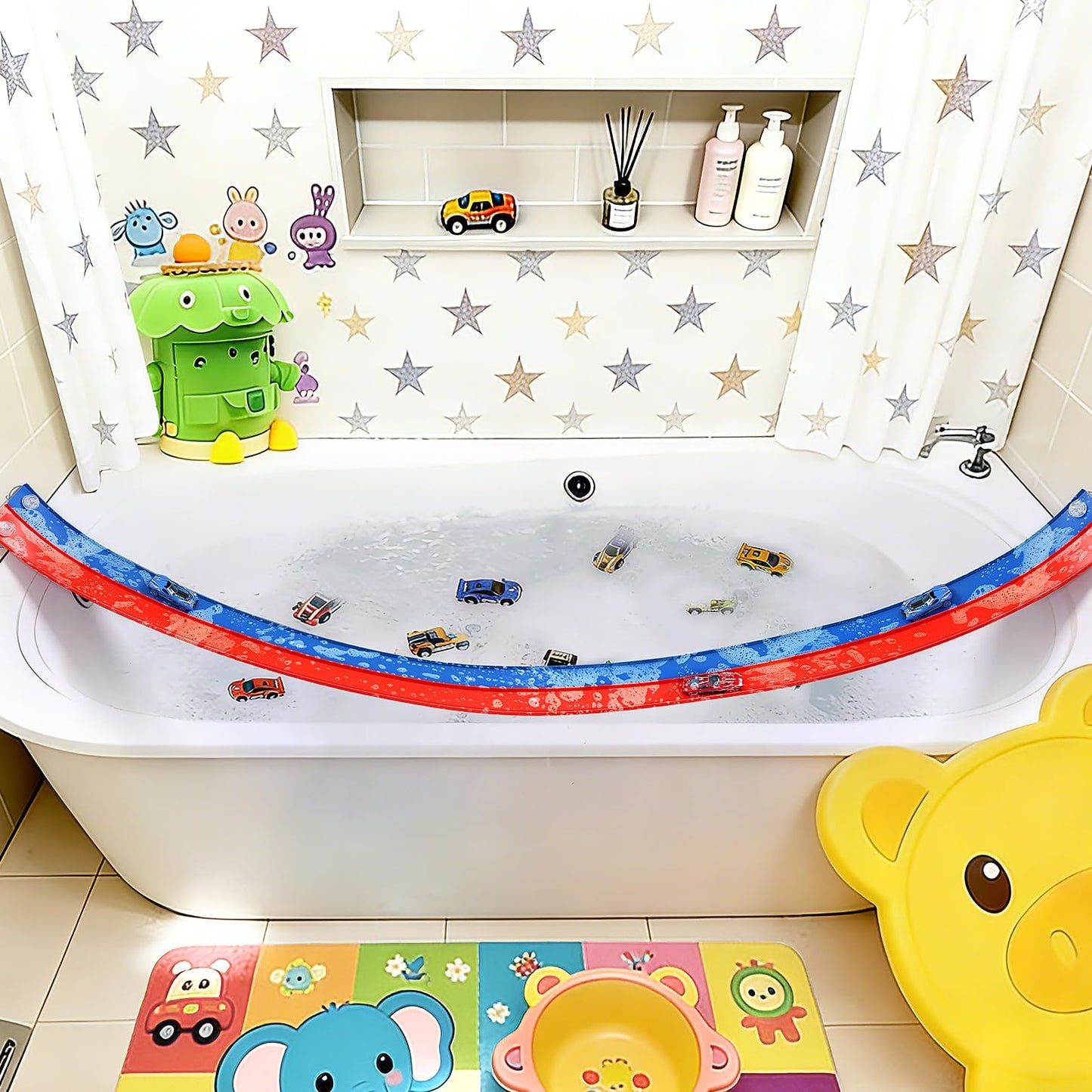 Race Car Bath Toy Set, Flex Race Track Car Set, Toddler Bath Toys, Kids Bathtub Gift,Accompanied by a mesh Storage Bag, Toy car, and Suction Cup, for Ages 3 & Up