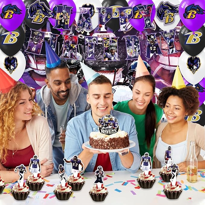 42pcs Baltimore Party Decoration Pack Includes,Banner,Cake Topper,Blackdrop,Balloons for Ravens party decoration