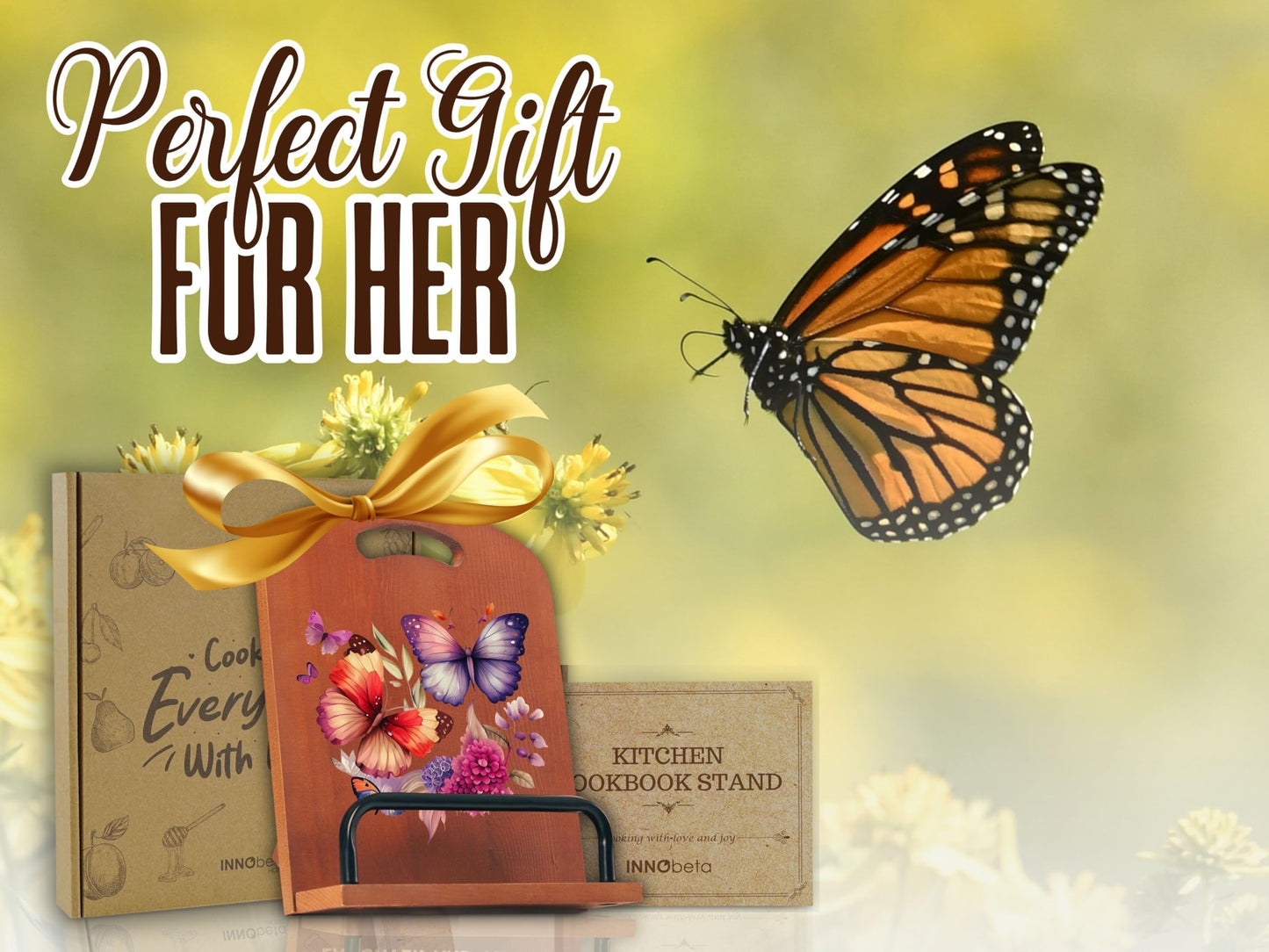 INNObeta Cookbook Stand for Kitchen Counter, Adjustable Tablet Recipe Book Holder, Perfect Gifts for Women, Mom, Grandma on Birthday, Unique Kitchen Decor, Butterfly