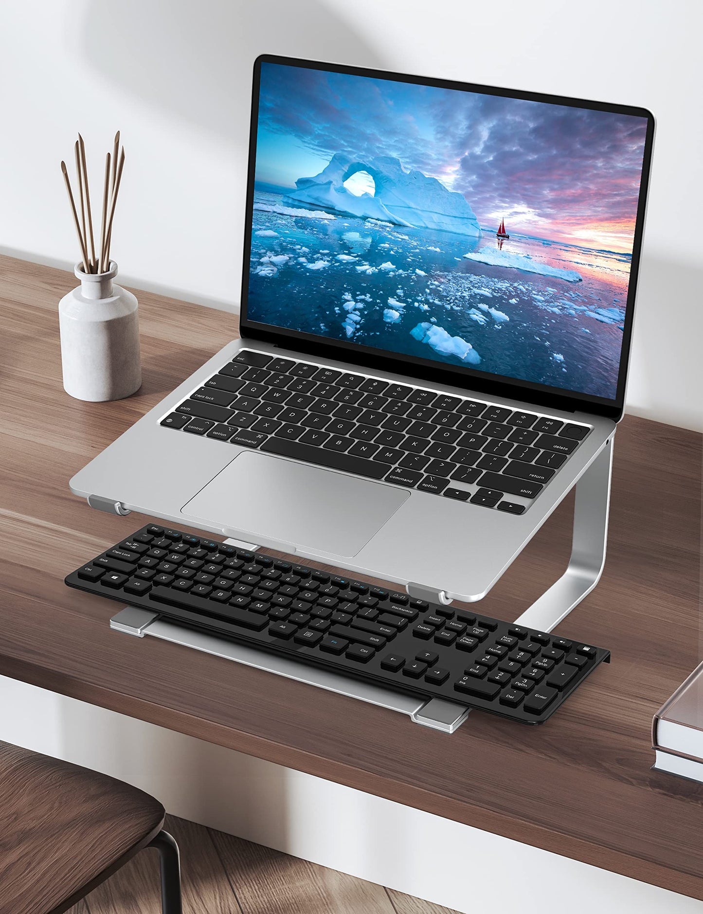 SOUNDANCE Laptop Stand for Desk, Ergonomic Metal Computer Riser for 12-17.3 Inch Laptops, Heavy Duty Stable Desktop Holder, Improves Eye Level & Workspace Organization, Silver