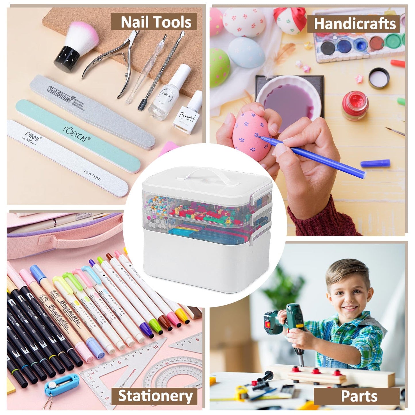 3-Layer Plastic Craft Organizers and Storage Box with Removable Trays, Storage Containers with lids and Handle, Art Supply Storage Organizer for Bead, Ornament, Nail Polish, Tape(10.62" x9"x7.67")