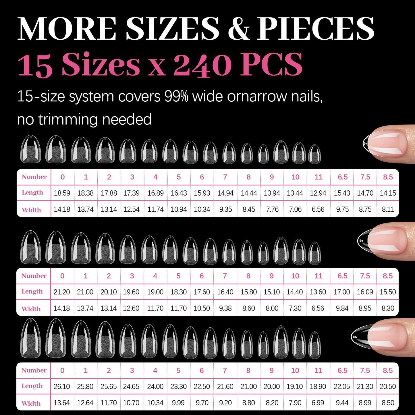 QIEK 450PCS Extra Short & Short & Medium Almond - 3 Styles Nail Tips, 70-Grit Pre-Etched Press On Nail in 15 Sizes, Fake Nail Extension Kit for Acrylic Gel Nail Art DIY Salon