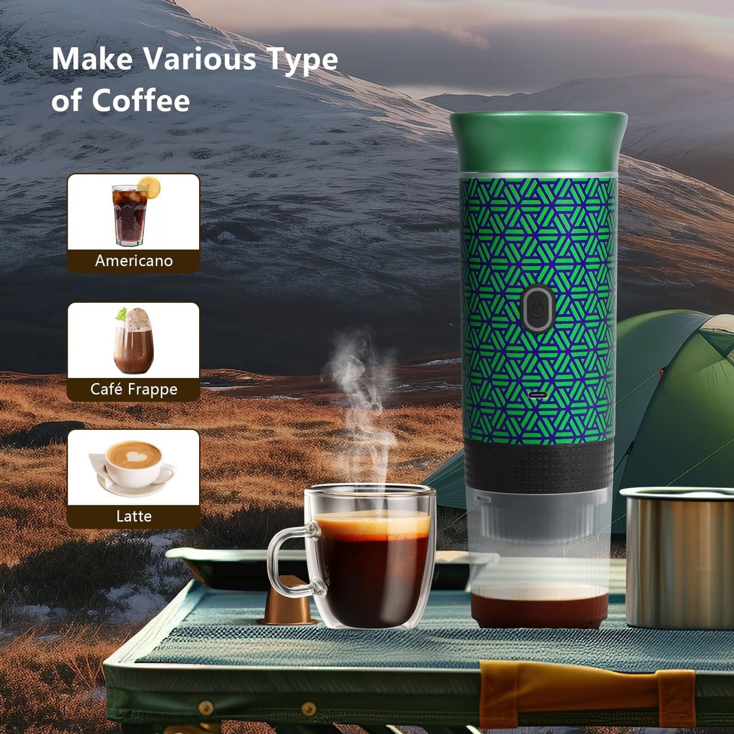 HX HECLX Coffee Maker Gift Set for Camping,Battery Powered Portable Electric Espresso Machine, Rechargeable Coffee Maker Self Heating Ground Coffee Capsule for RV, Hiking (Green mix Black)