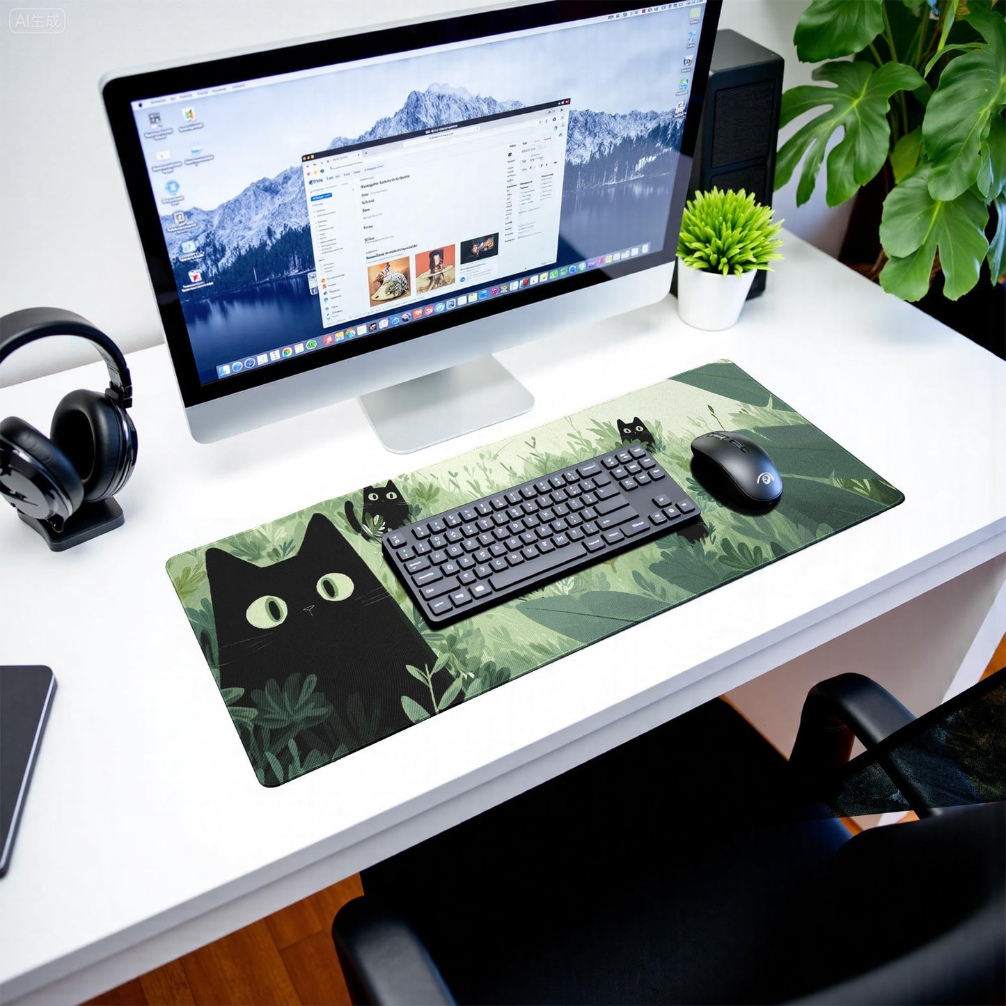 Black Cat Gaming Mouse Pad Large Desk Mat Extended Keyboard Mouse Pad Anime Mousepad with Non-Slip Base and Stitched Edge Mouse Mat Desk Pad 31.5 x 11.8 Mouse Pads for Desk Home Office Gaming