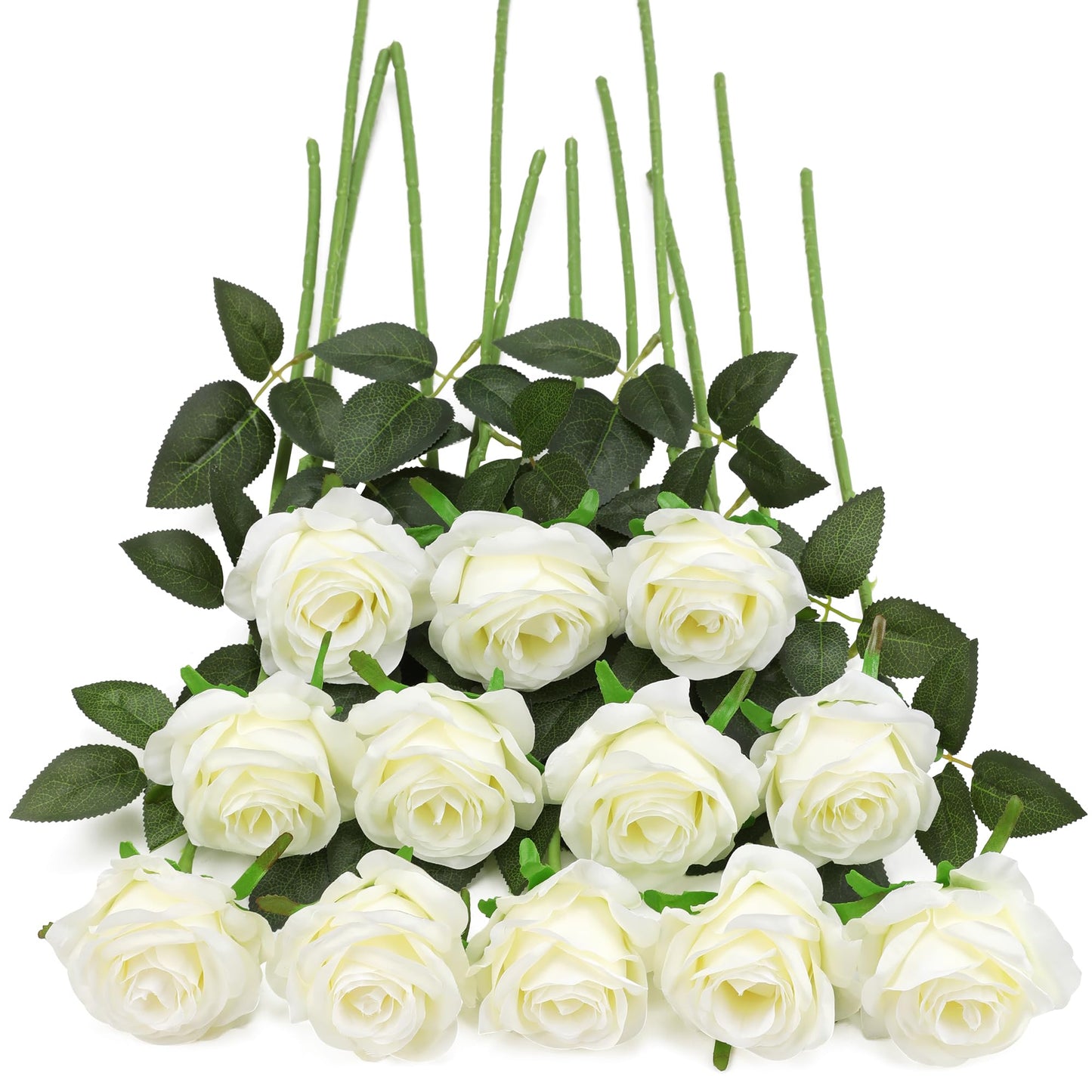 FLORRALIA White Fake Roses Artificial Flowers - 16 Pcs Fake Artificial Roses Silk Flowers with Stems for Home Wedding Hotel Office Centerpiece Decor