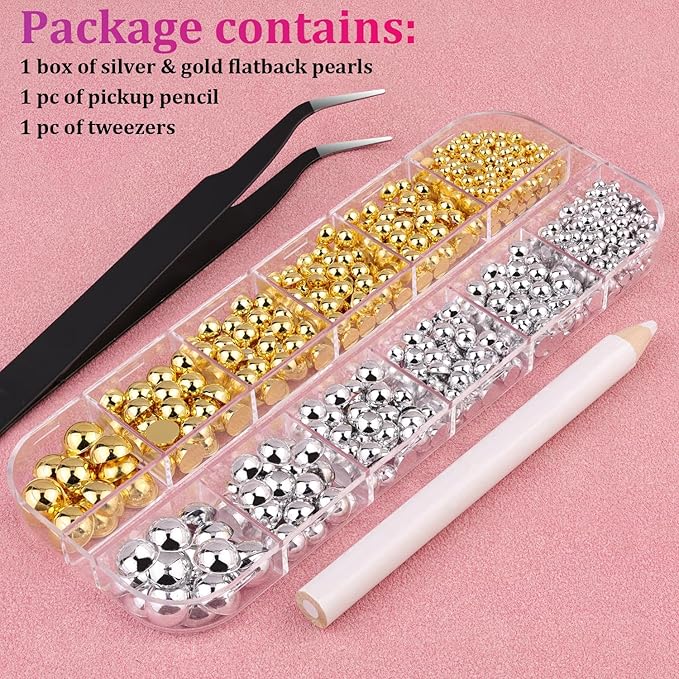 Belleboost Flat Back Pearls Kits, Flatback Half Round Silver Gold Pearls for Bedazzling with Pickup Pencil and Tweezers for Crafting Home DIY and Professional Nail Art, Face Makeup and Craft