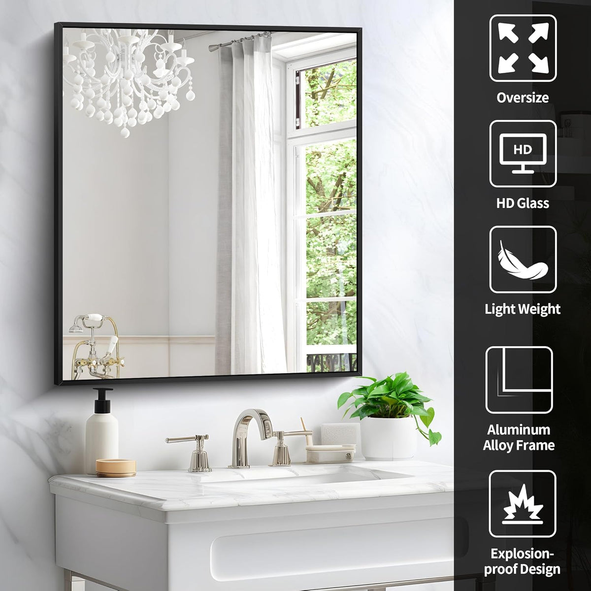 Black Bathroom Mirror for Wall, 30x36 Inch Rectangle With Metal Frame, Modern Vanity for Bathroom Living Room, Entryway Hangs Horizontal or Vertical