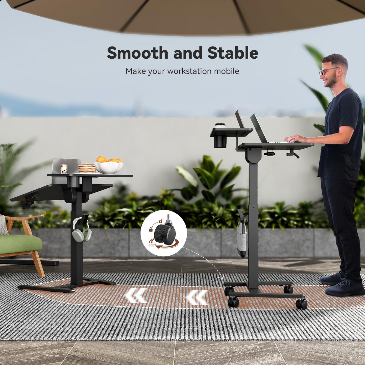 Liftsync 28Inch Rolling Standing Desk On Wheels, Small Computer Workstation Adjustable Height, Mobile Laptop Stand with Tiltable Desktop, 2-Tier Portable Study Table with Storage Shelves, Black