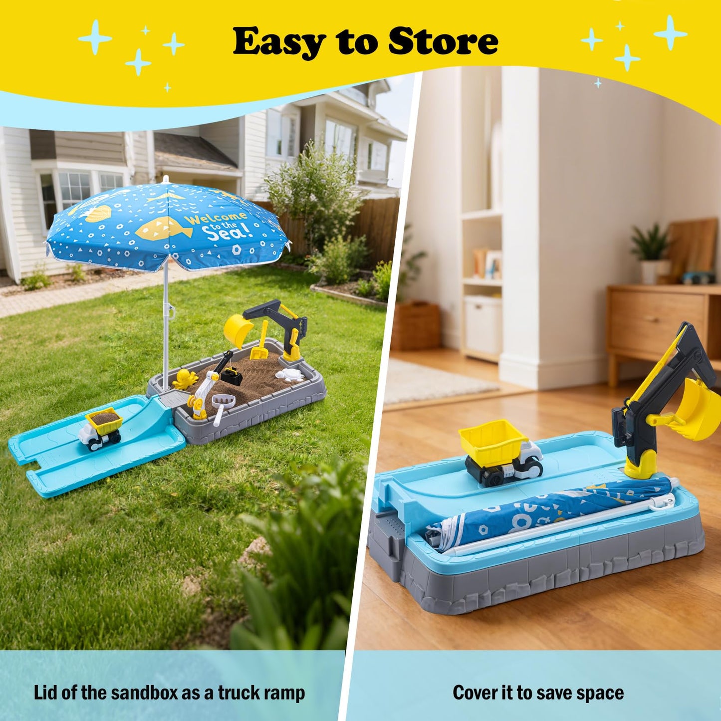 VROGTIK Kids Excavator Sandbox with Umbrella & Cover, Construction Sandbox Set with Beach Toys & Dump Truck, Outdoor Educational Play Set for Toddlers Ages 3-12