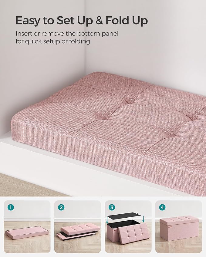 SONGMICS Mazie Collection - 30 Inches Folding Storage Ottoman Bench, Ottoman Foot Rest, End of Bed Bench, Storage Chest, Load 660 lb, for Living Room, Bedroom, Entryway, Jelly Pink ULSF047R11
