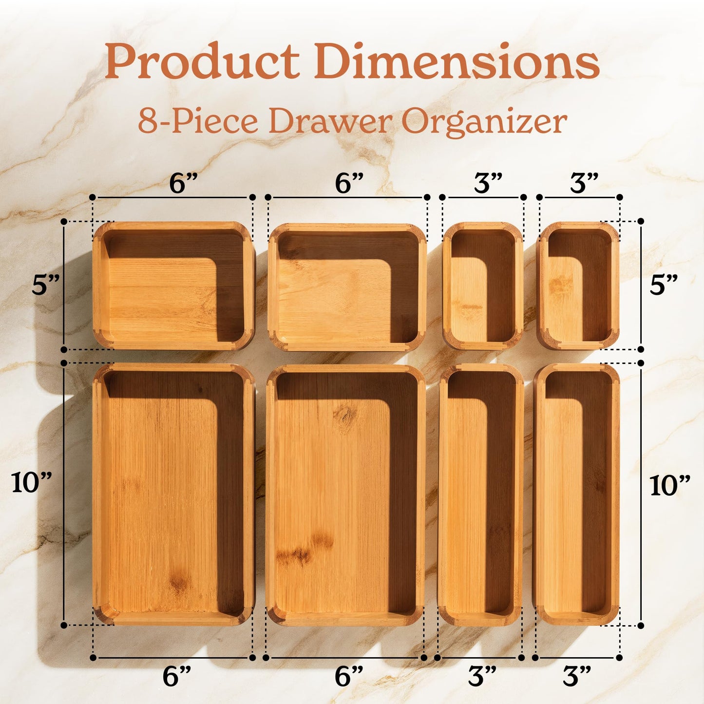 SMIRLY 8-Piece Bamboo Kitchen Drawer Organizer Set for Large and Small Utensils, Multi-use Storage Box - Bathroom, Nightstand, Jewelry, Cutlery, Knife, Spice, Towel, Junk Drawer Tray