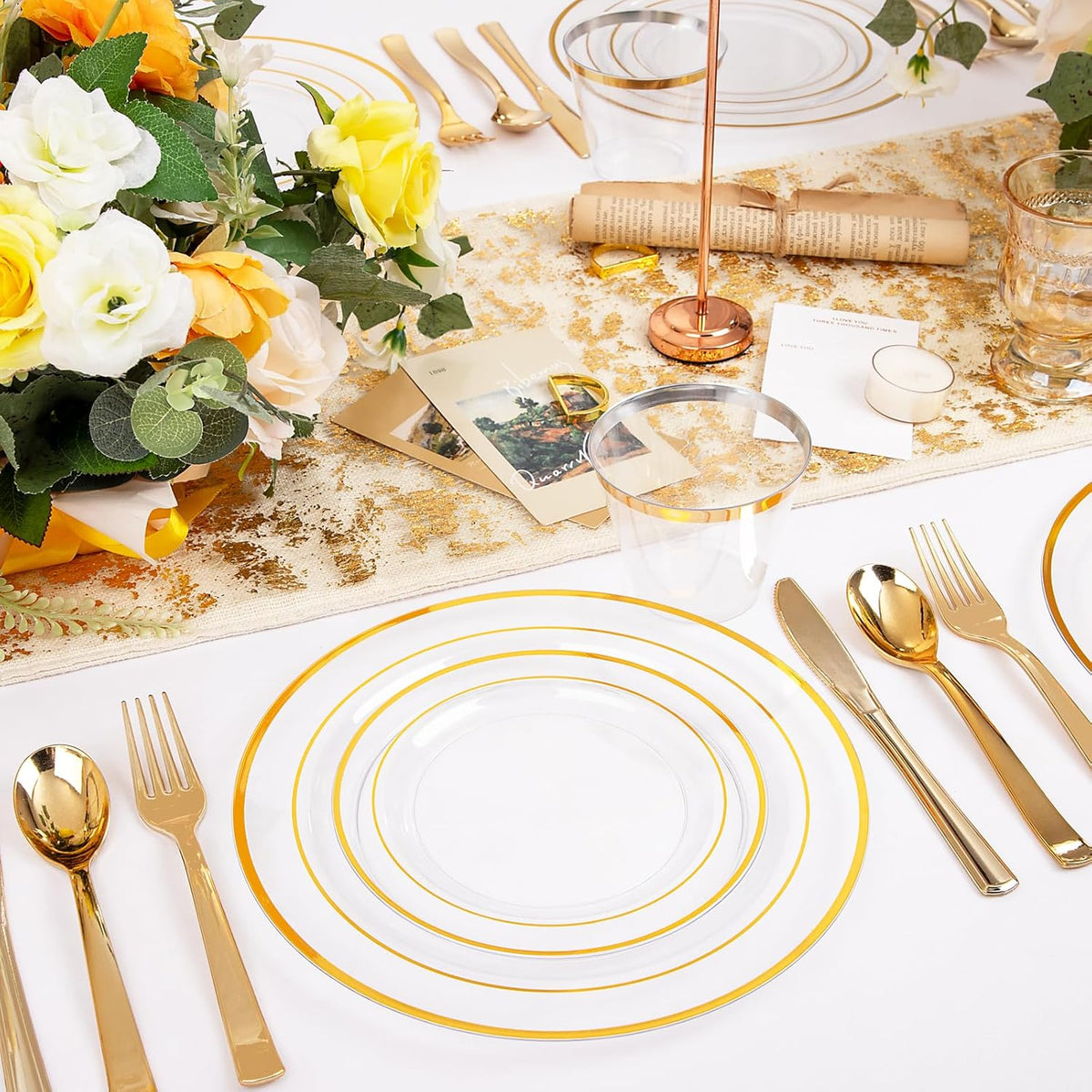 WELLIFE 300Pcs Clear Gold Dinnerware, Clear and Gold Plates Heavy Duty, Including 50 Dinner and 50 Dessert Plates, 50 Cups, 50 Silverware