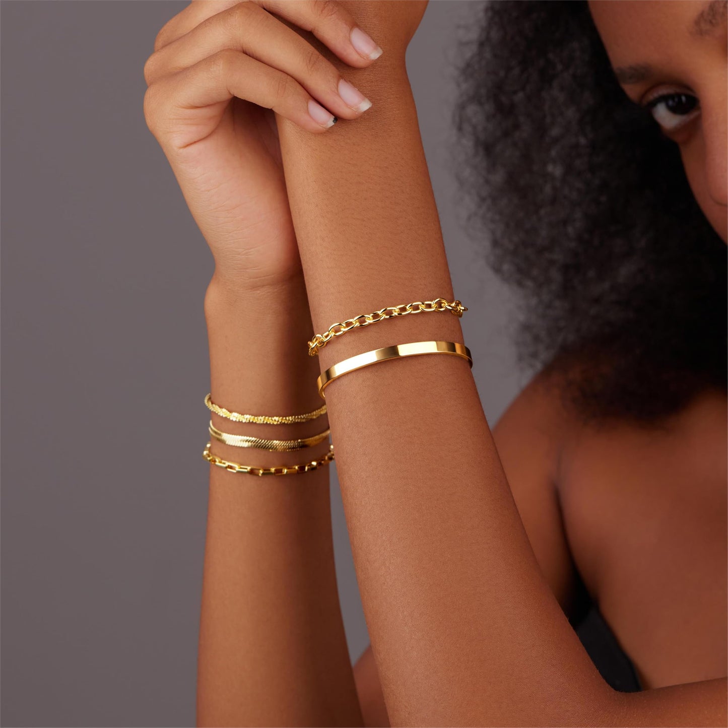 Chunky Gold Bracelets for Women Stack, Adjustable Set 14K Gold Plated on Copper, Stackable Bangle Cuff, Box Link, Figaro, Herringbone, Sparkling Chain, Waterproof Tarnish Resistant Jewelry Gift for Women